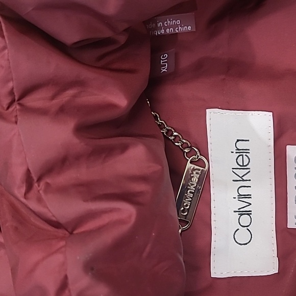 Calvin KLEIN women's LONG QUILTED FAUX FUR HOODED Burgundy PARKA XL - Picture 4 of 15